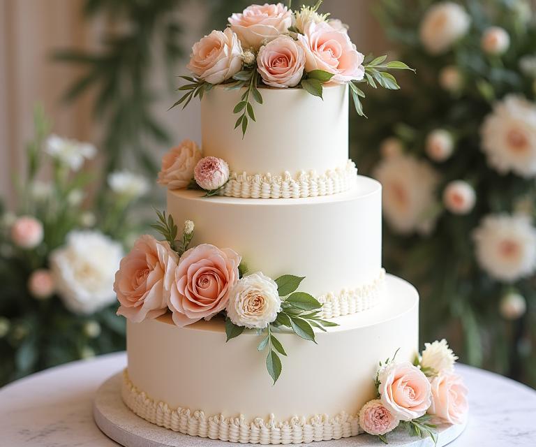 An elegant multi-tiered wedding cake adorned with delicate fresh flowers and intricate sugar details.