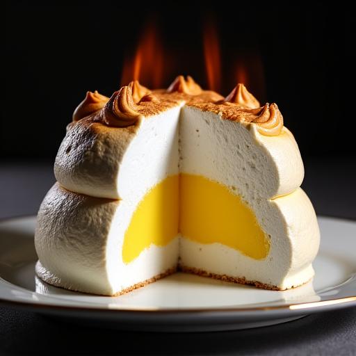 A beautifully torched Lemon Meringue Baked Alaska, expertly sliced to reveal its creamy ice cream and fluffy sponge interior.