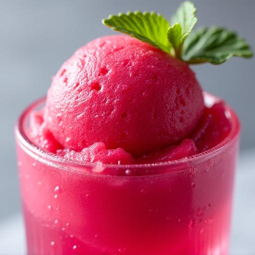 A single scoop of intensely vibrant pink raspberry sorbet, presented in a chilled glass.
