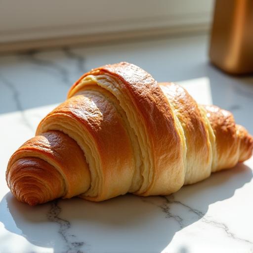 A golden-brown classic butter croissant on a marble surface, perfectly flaky.