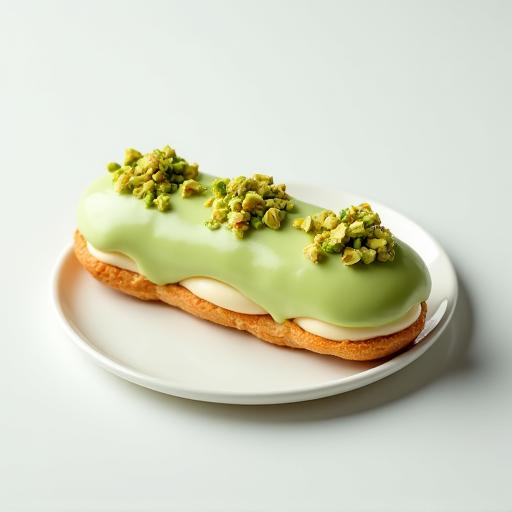 A perfectly glazed pistachio éclair adorned with chopped pistachios on top.