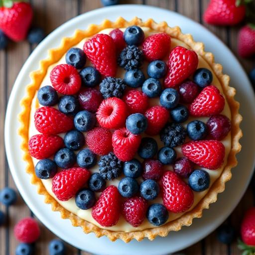A vibrant seasonal fruit tart showcasing an assortment of fresh berries and cream.
